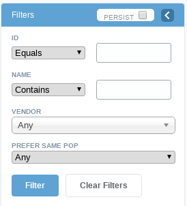 YETI Web interface - Filters